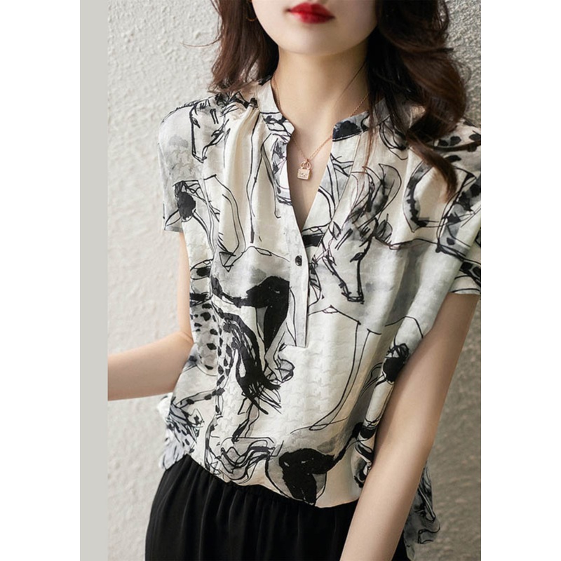 2025 New V Neck Print Chiffon Tops Summer