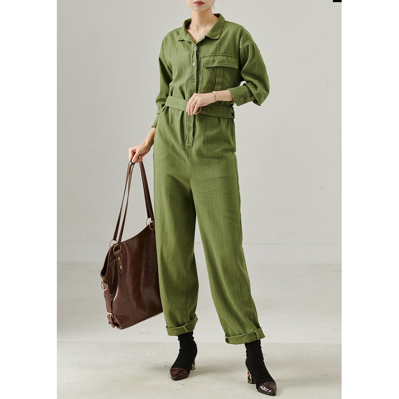 Army Green Cotton Overalls Jumpsuits Tie Waist Fall