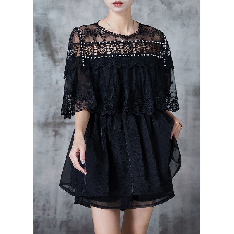 Art Black Embroidered Rhinestone Hollow Out Tulle Two Pieces Set Summer