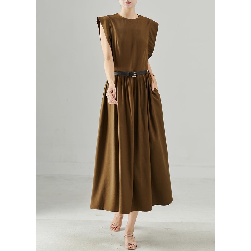 Art Brown Tunic Cotton Long Dresses Sleeveless