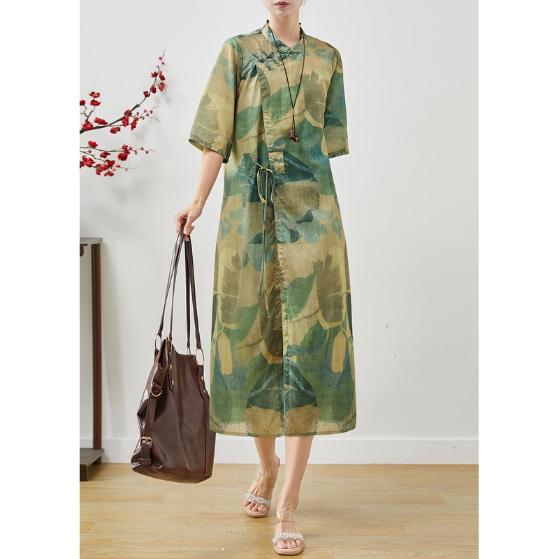 Art Green Print Chinese Button Linen Oriental Dresses Summer