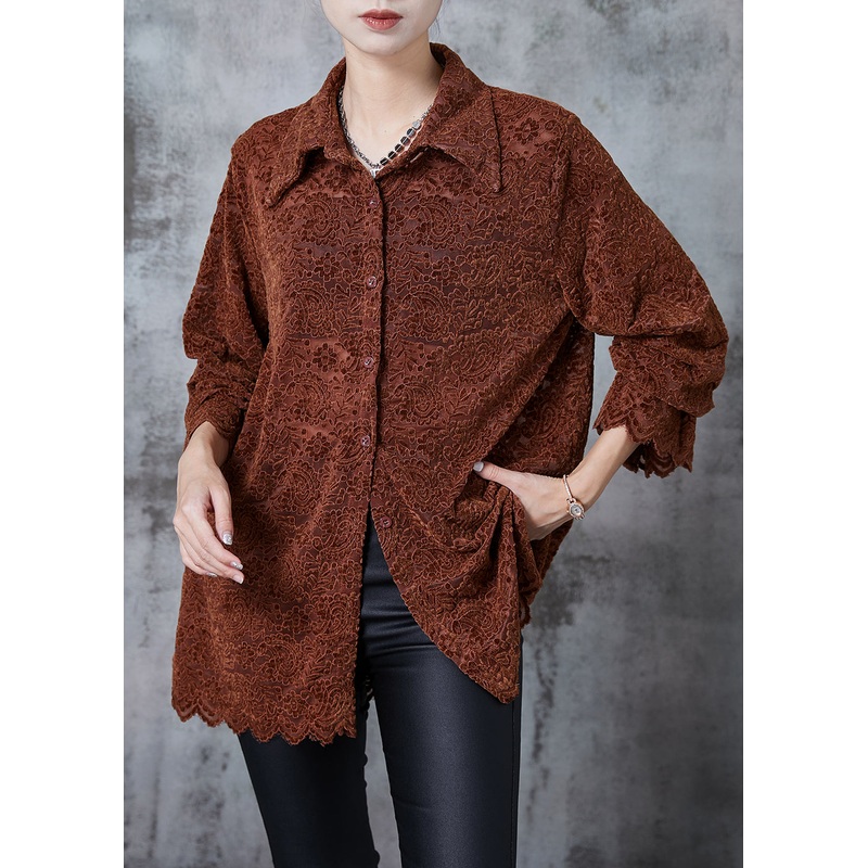 Beautiful Caramel Embroidered Lace Shirt Tops Spring