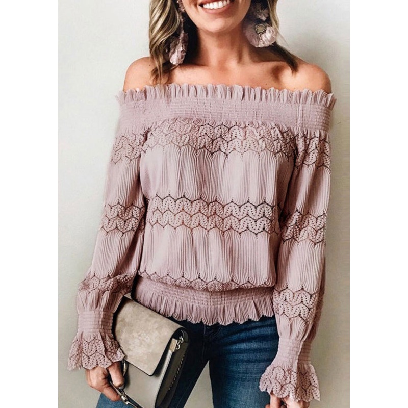 Beautiful Pink Slash Neck Ruffled Lace Blouse Tops Summer