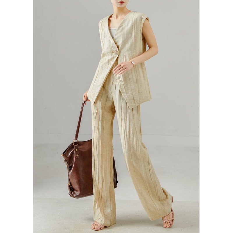 Beige Linen Two Piece Suit Set Asymmetrical Wrinkled Summer