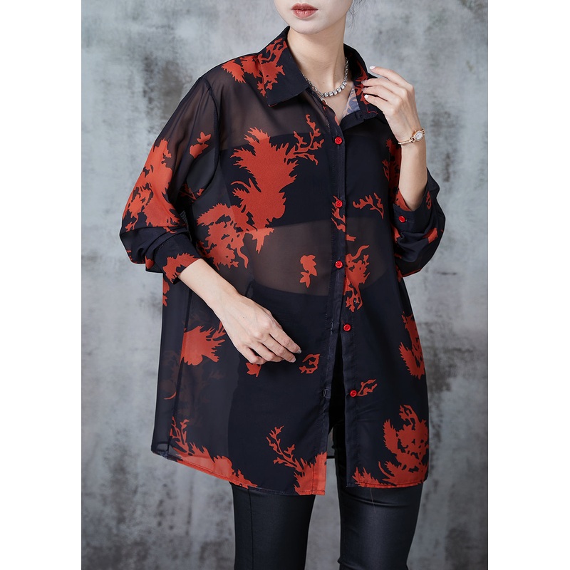 Black Print Chiffon UPF 50+ Blouse Top Oversized Summer