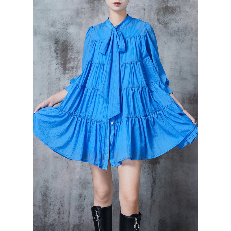 Blue Patchwork Cotton Day Dresses Oversized Spring