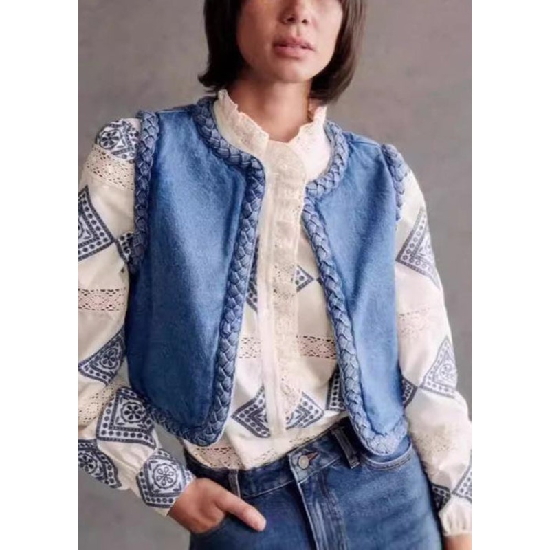 Bohemian Blue O Neck Fine Cotton Filled Denim Vest Sleeveless