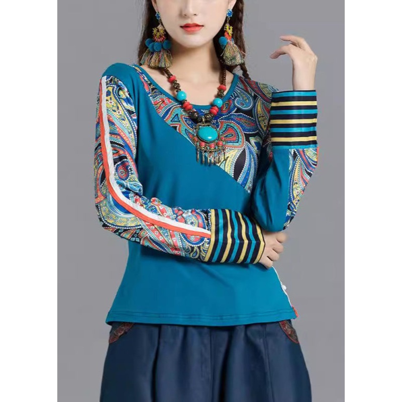 Bohemian Blue O Neck Print Patchwork Cotton Tops Spring