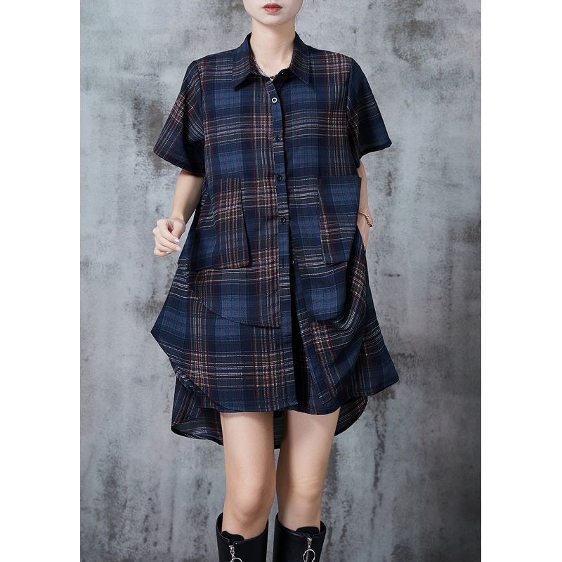 Bohemian Navy Oversized Plaid Chiffon Two Pieces Set Summer