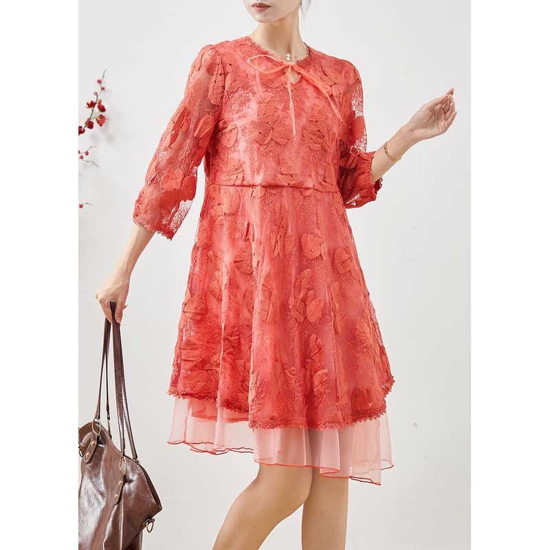 Bohemian Orange Embroidered Tulle Vacation Dress Bracelet Sleeve