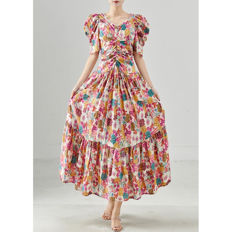 Bohemian Puff Sleeve Print Cotton Maxi Dresses Summer