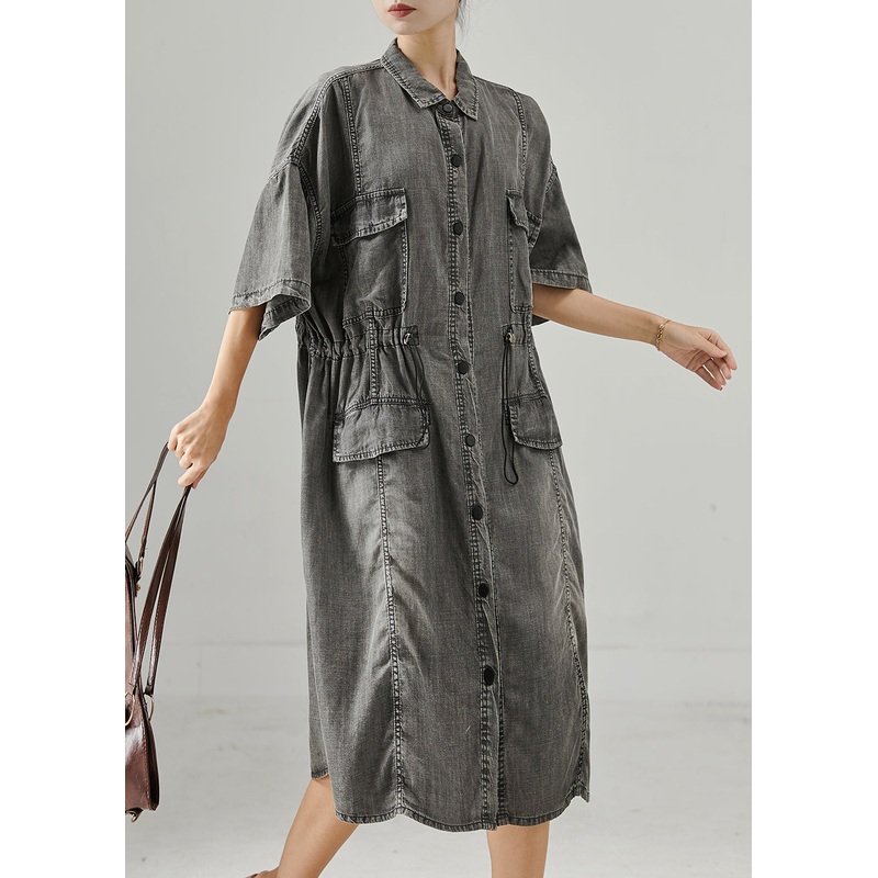 Boho Grey Cinched Denim Holiday Dress Summer