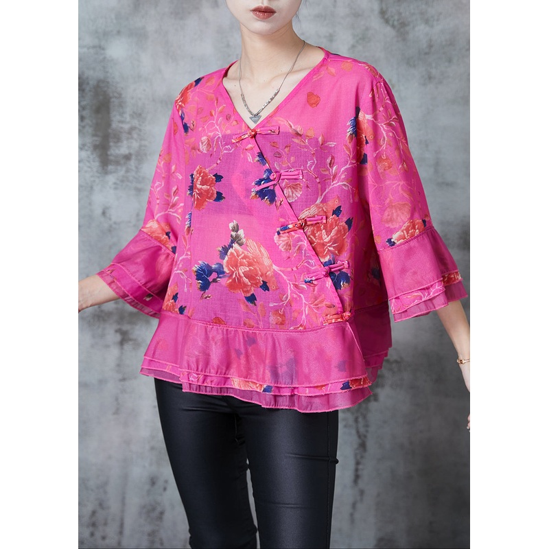 Boho Rose Print Cotton Oriental Blouse Tops Spring