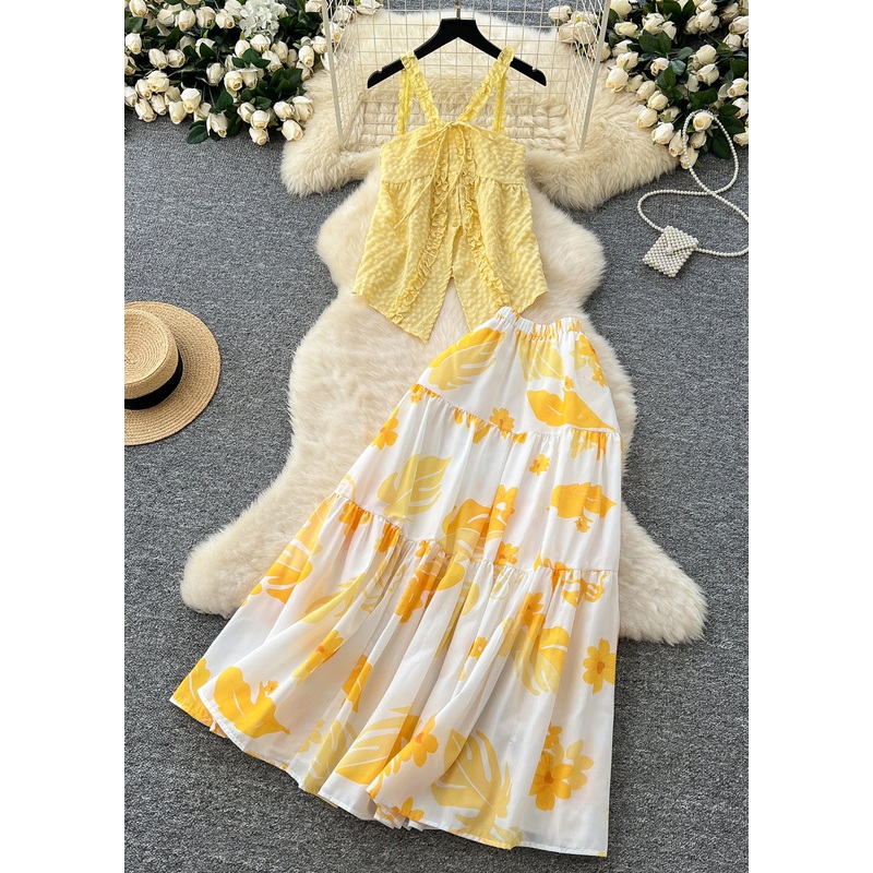 Boutique Yellow Ruffled Print Cotton Two Pieces Set Summer