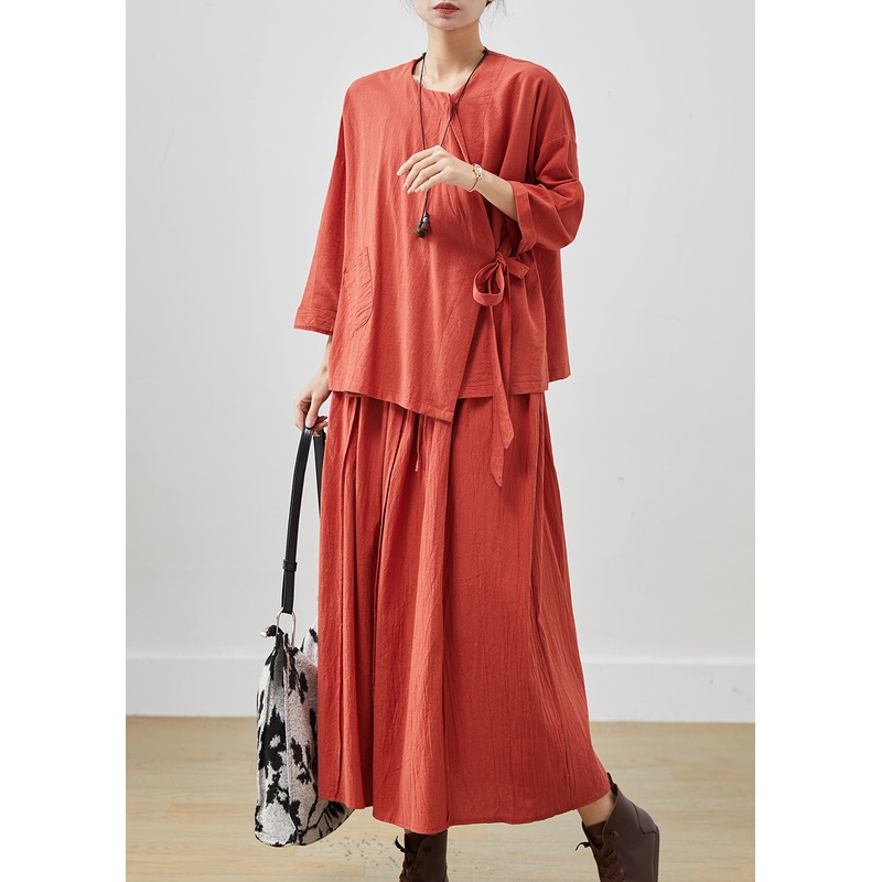 Brick Red Cotton Two Pieces Set Oversized Lace Up Spring