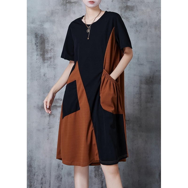 Casual Black Asymmetrical Patchwork Pocket Cotton Dresses Summer