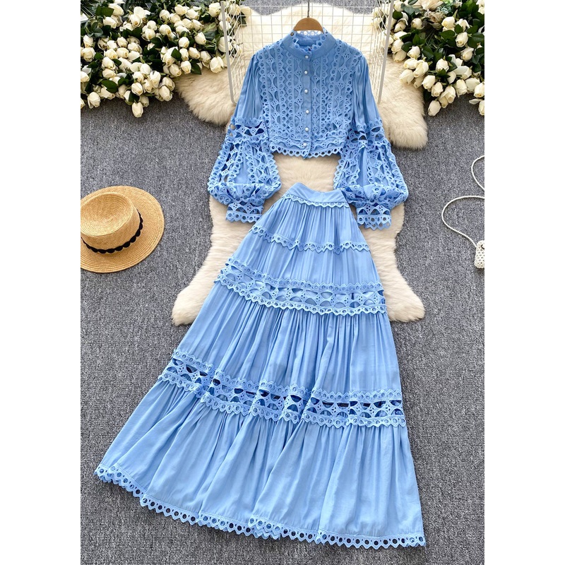 Casual Blue Hollow Out Patchwork Lace Two Piece Set Women Clothing Lantern Sleeve