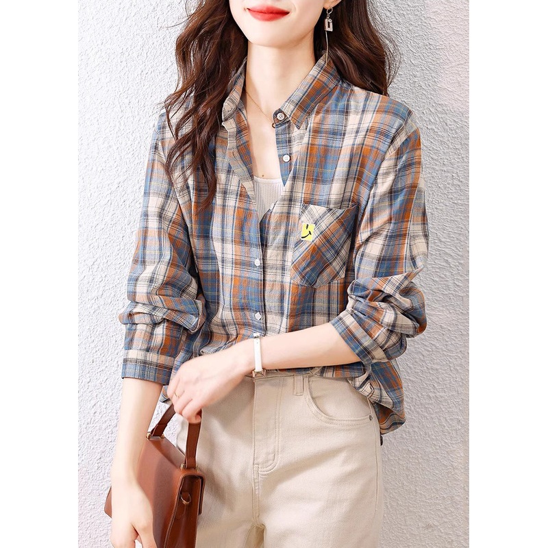 Casual Peter Pan Collar Plaid Cotton Shirts Top Spring