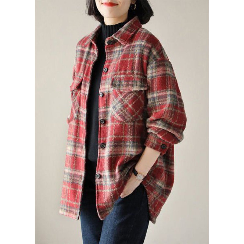 Casual Red Peter Pan Collar Plaid Cotton Shirt Tops Spring
