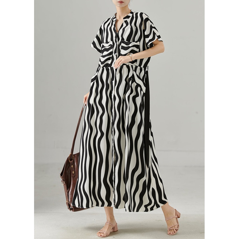 Chic Black Tie Waist Striped Chiffon Work Dress Summer