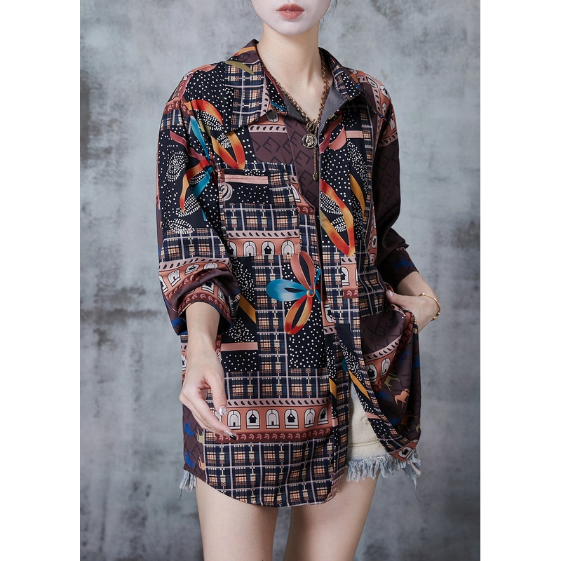 Chic Chocolate Character Print Chiffon Shirts Spring