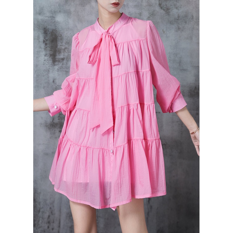 Chic Pink Oversized Patchwork Cotton Shirt Dress Spring