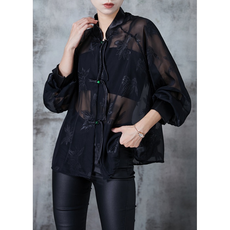Chinese Style Black Tasseled Jacquard Chiffon Blouse Tops Summer