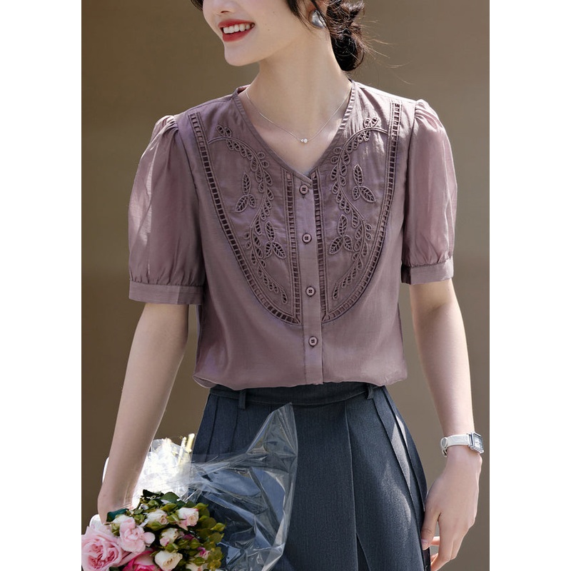 Classy Purple V Neck Button Embroidered Cotton Top Summer
