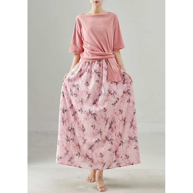 Diy Pink Asymmetrical Print Cotton Two Piece Set Outfits Summer