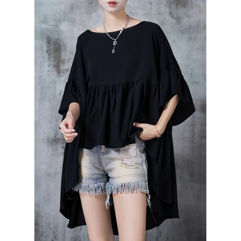 Elegant Black Oversized Low High Design Chiffon Tops Summer