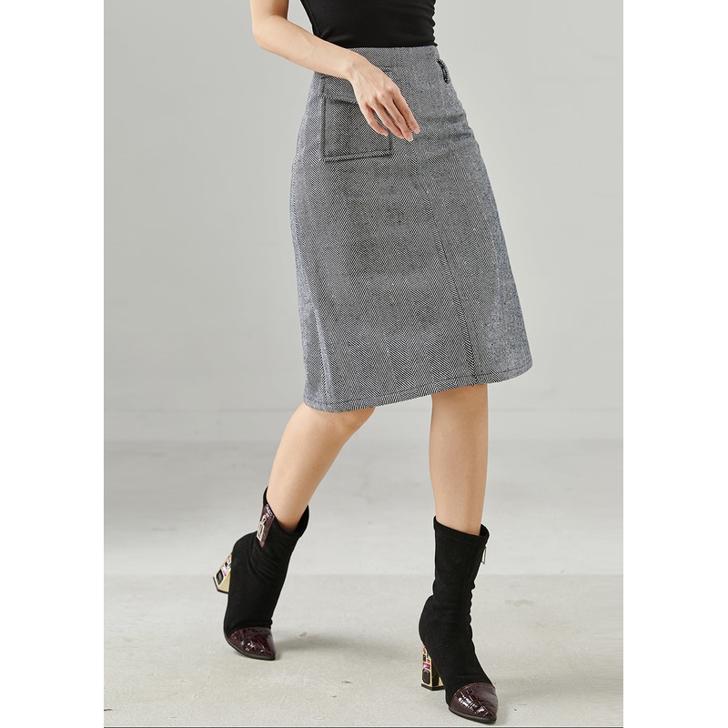 Elegant Grey Striped Pocket Cotton Wraped Skirts Fall