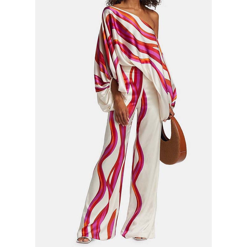 European And American Style Rose Slash Neck Print Silk Two Pieces Set Batwing Sleeve