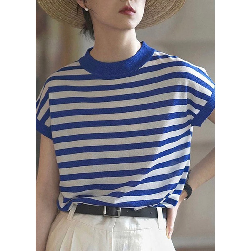 Fashion Blue O Neck Striped Cotton T Shirts Top Summer