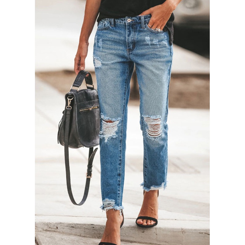 Fashion Blue Pockets Ripped Denim Pants Summer