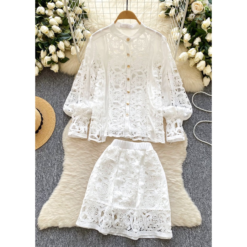 Fine White Hollow Out Lace 2 Piece Outfit Spring