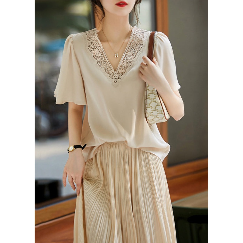 French Apricot V Neck Hollow Out Embroidered Chiffon Blouses Summer