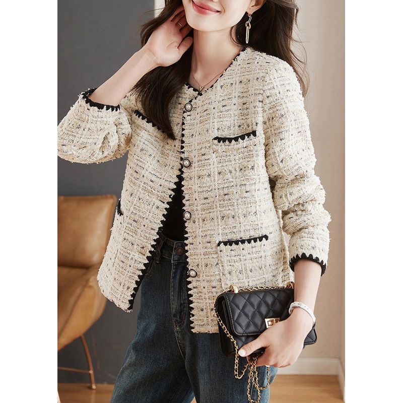 French Beige O Neck Button Pockets Cotton Coats Spring