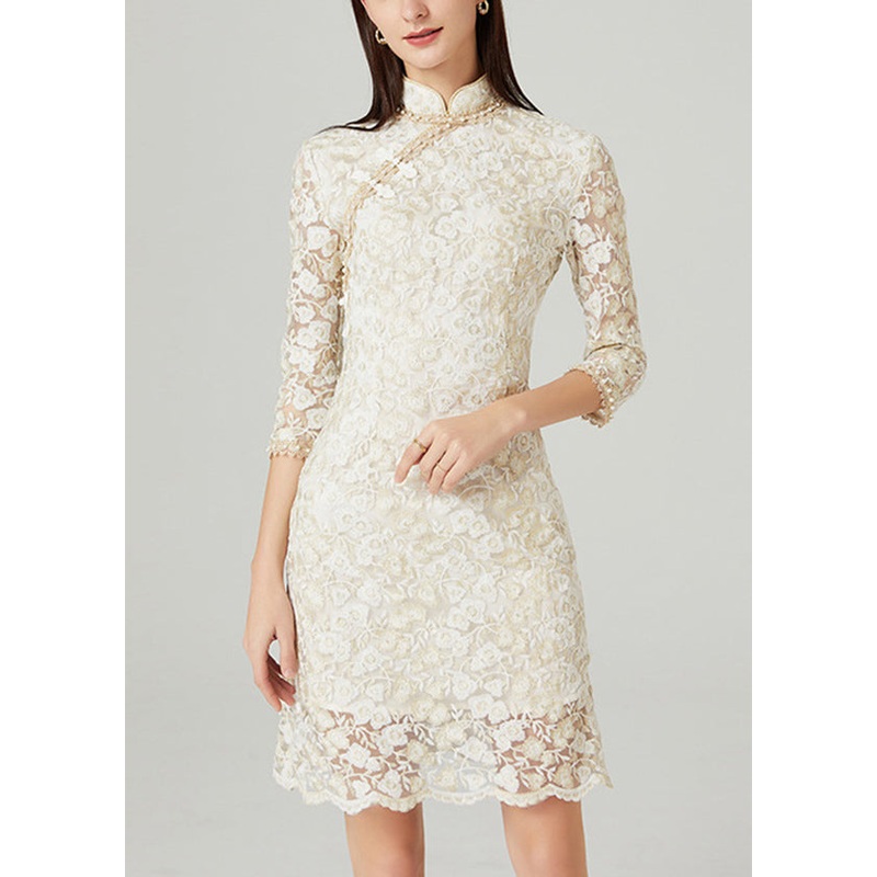 French Beige Stand Collar Nail Bead Oriental Button Lace Mid Dress Spring