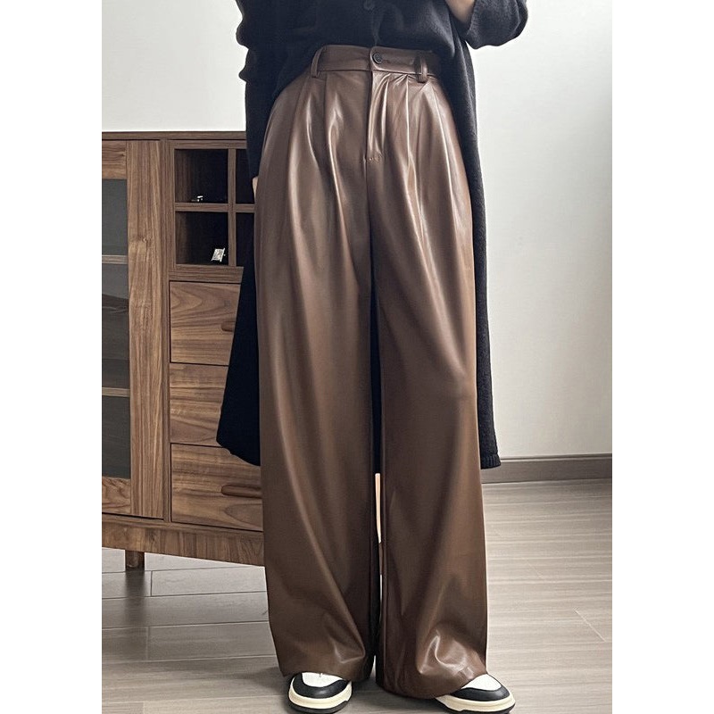 French Coffee Pockets High Waist Faux Leather Wide Leg Pants Spring