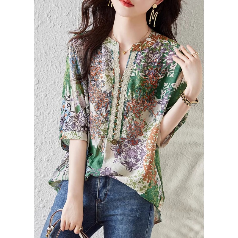 French Green V Neck Print Chiffon Shirts Summer