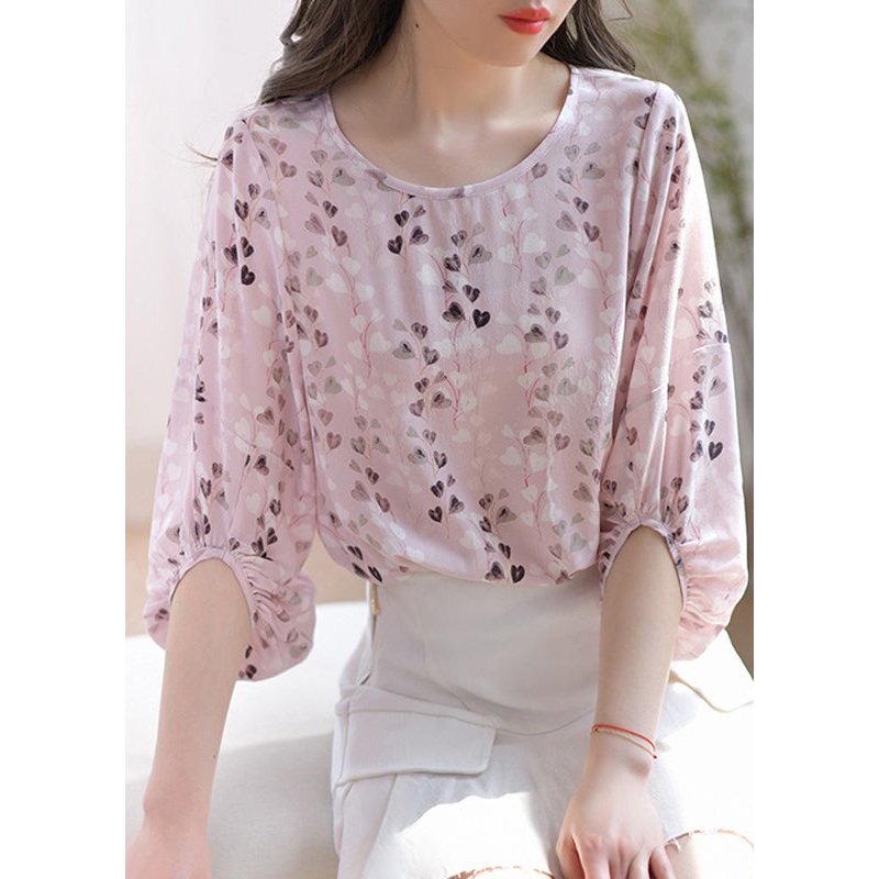 French Pink O Neck Print Silk Shirt Lantern Sleeve