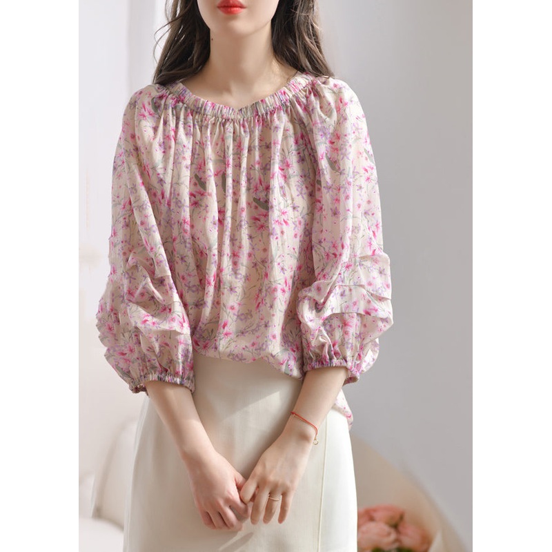 French Purple Ruffled Print Silk Blouses Bracelet Sleeve