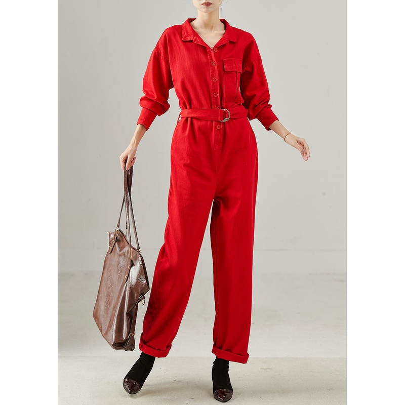 French Red Tie Waist Cotton Overalls Jumpsuits Fall