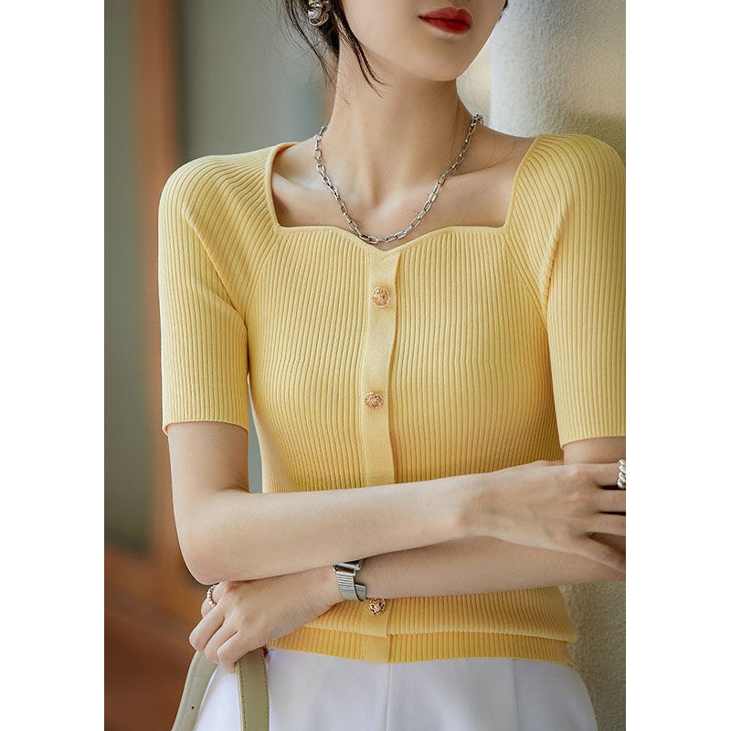 French Yellow Square Collar Ice Silk Knit Top Summer