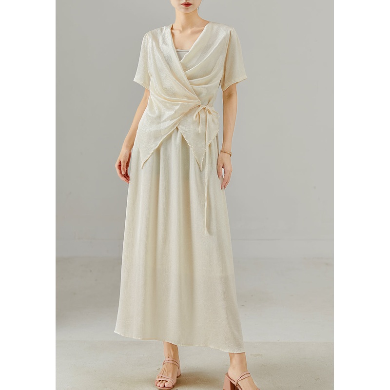 Italian Apricot Asymmetrical Silm Fit Silk Two Piece Set Summer