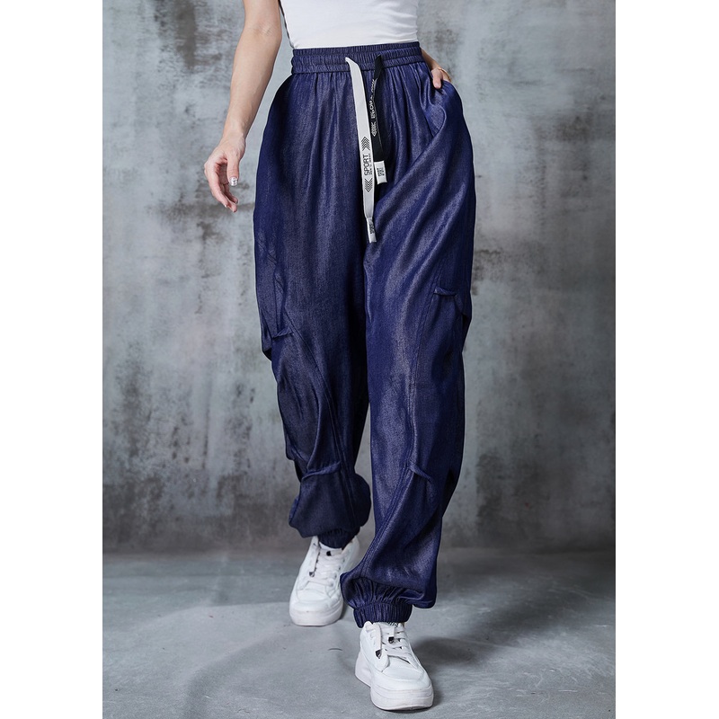 Italian Navy Elastic Waist Pockets Denim Harem Pants Spring
