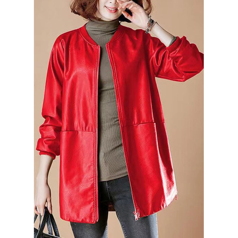 Loose Red Stand Collar Pockets Faux Leather Jackets Spring