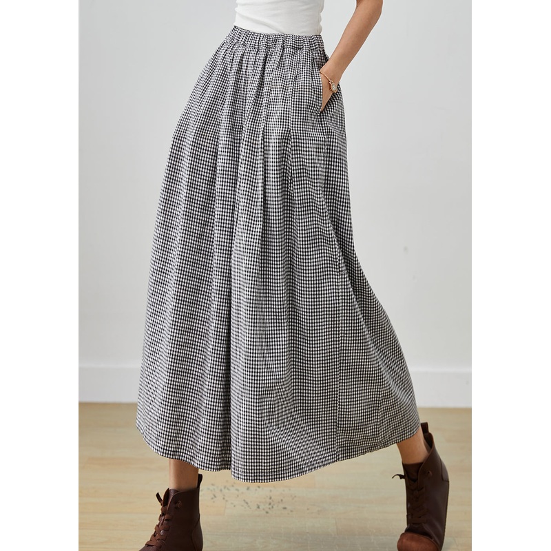 Modern Grey Elastic Waist Plaid Linen Wide Leg Pants Spring