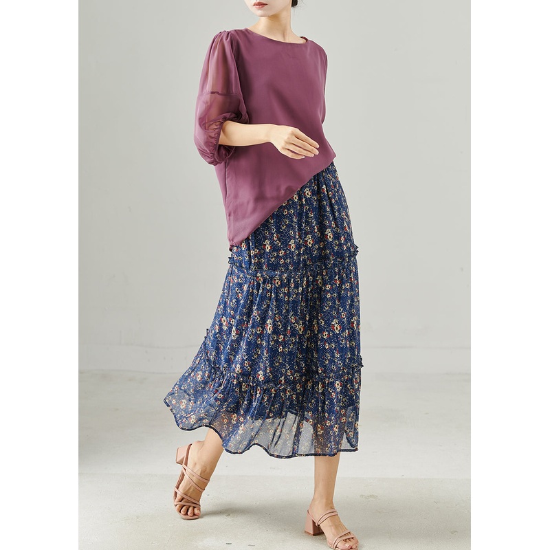 Natural Blue Ruffled Print Chiffon Skirt Spring