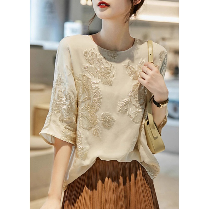 New Beige O Neck Embroidered Silk Shirt Top Summer